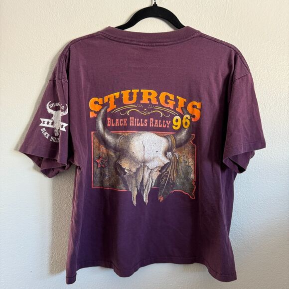 Vintage 1996 90s Sturgis Biker 3D Emblem Black Hills Rally Wolf L T-Shirt Crop - Picture 9 of 10